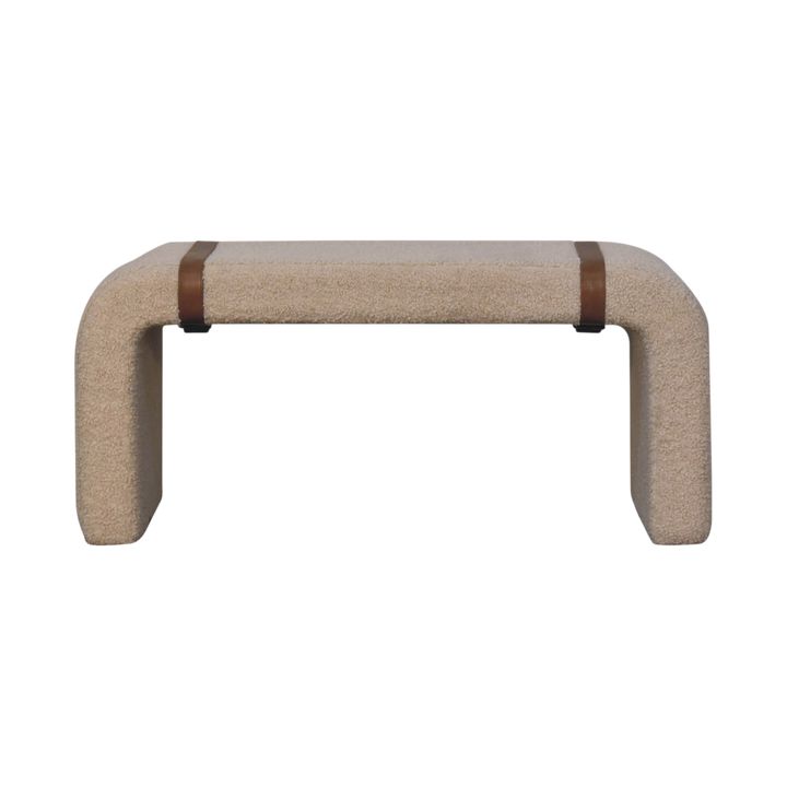 Chamonix Strap Bench in Cream Bouclé, front view. Handwoven bouclé in cotton and natural yarn over a curved cushioned body.