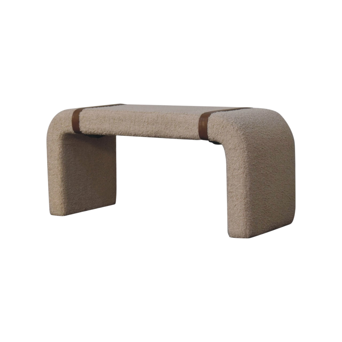 Chamonix Strap Bench in Cream Bouclé, three-quarter view showing the full profile.