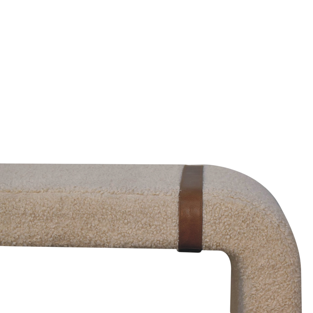 Close view of the strap and buckle on the Chamonix Strap Bench in Cream Bouclé.