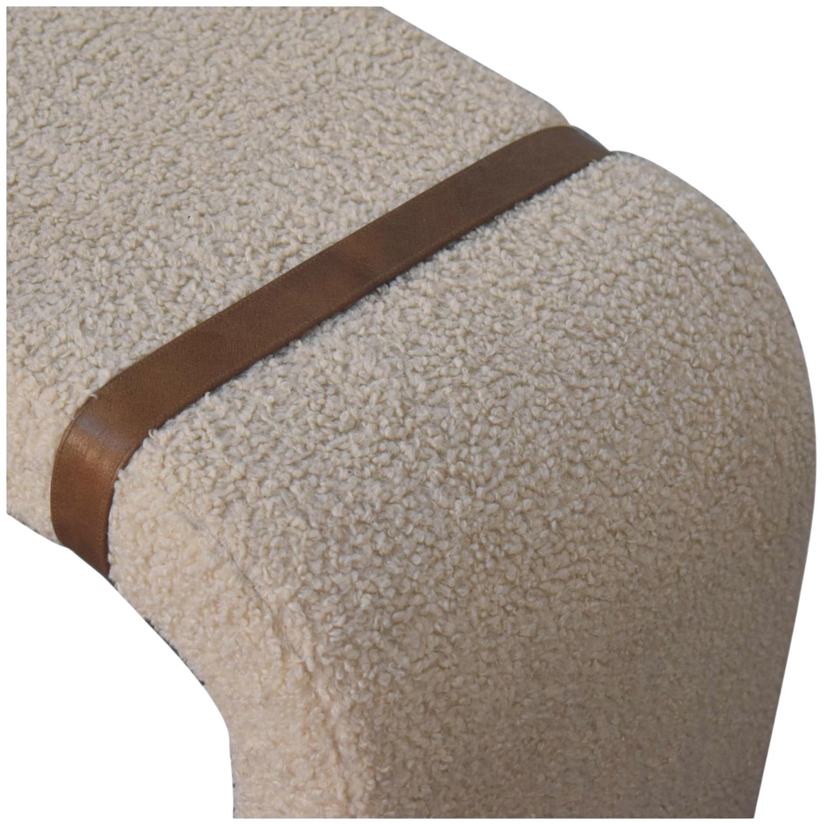 Close view of the bouclé on the Chamonix Strap Bench in Cream Bouclé.