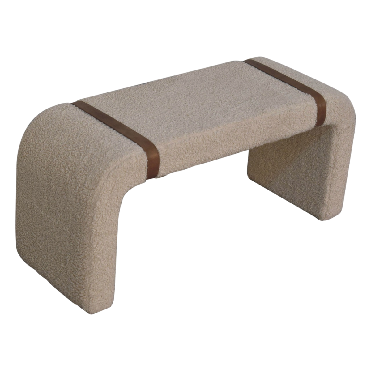 Chamonix Strap Bench in Cream Bouclé, three-quarter view from the opposite side.