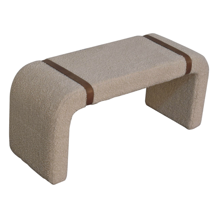 Chamonix Strap Bench in Cream Bouclé, three-quarter view from the opposite side.