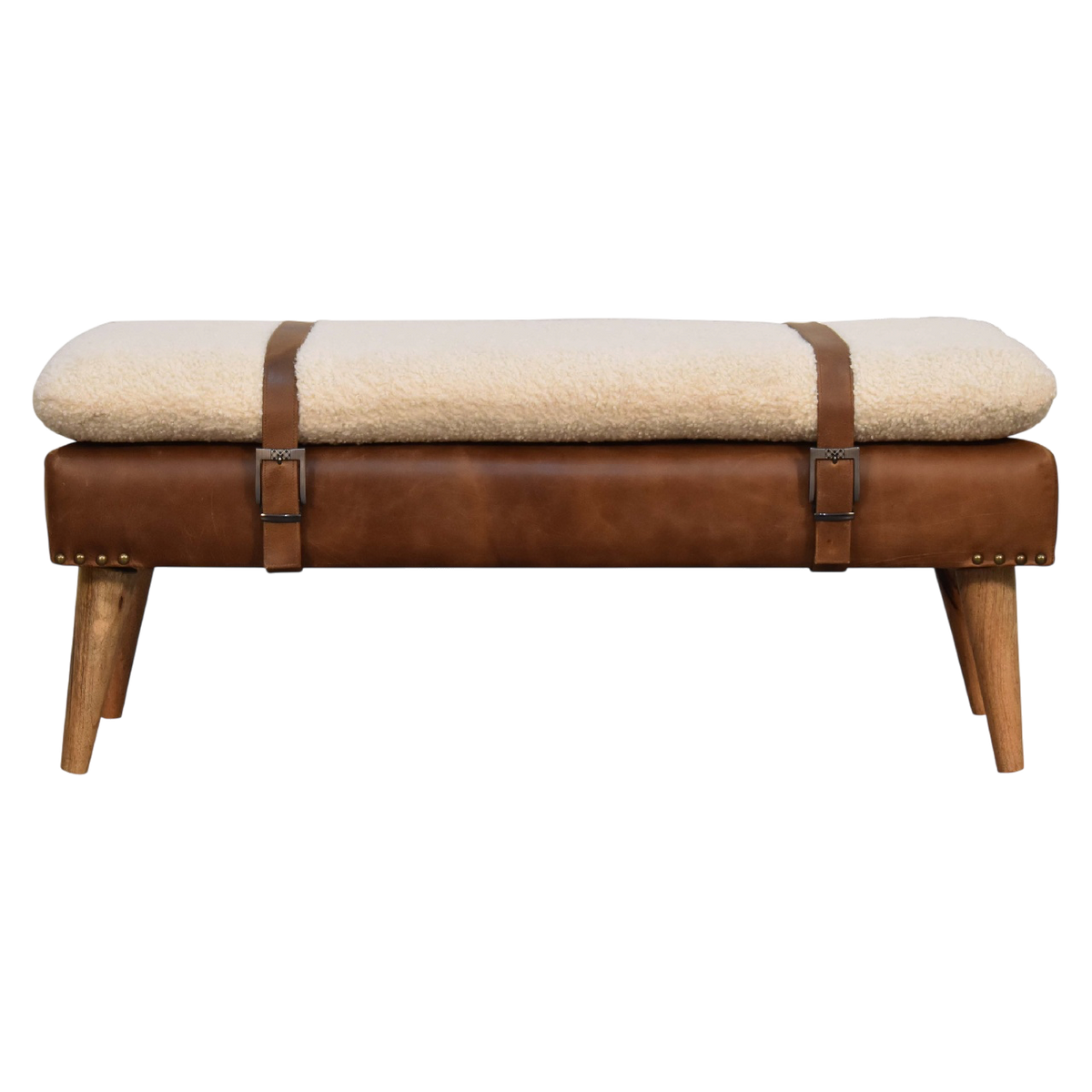 Chamonix Strap Bench in Cream Bouclé with Caramel Leather, front view. Caramel hide leather over the base with antique brass nailhead trim.