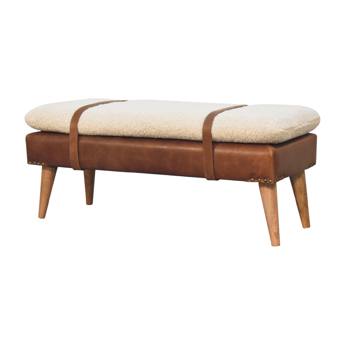 Chamonix Strap Bench in Cream Bouclé with Caramel Leather, three-quarter view showing the full profile.