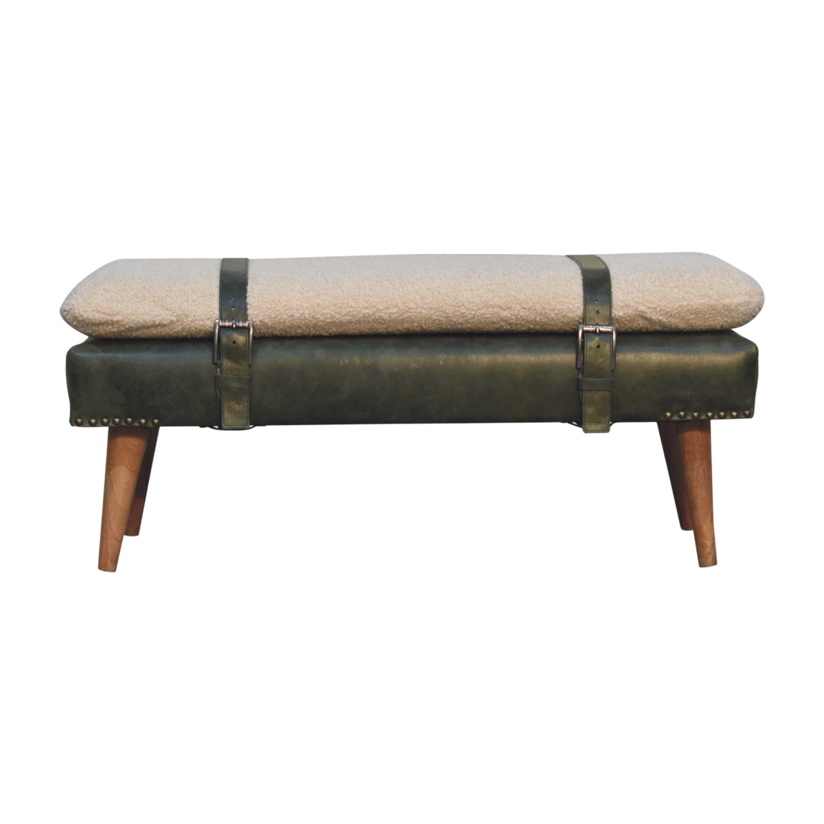 Chamonix Strap Bench in Cream Bouclé with Olive Leather, front view. Cream bouclé in cotton and natural yarn over a 100% solid hardwood frame, olive leather belted straps.