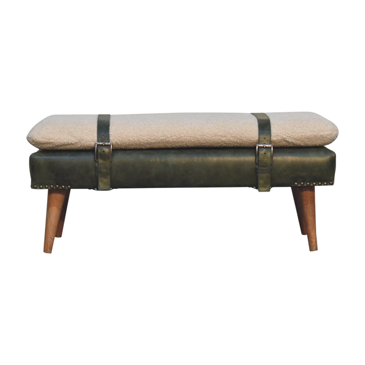Chamonix Strap Bench in Cream Bouclé with Olive Leather, front view. Cream bouclé in cotton and natural yarn over a 100% solid hardwood frame, olive leather belted straps.