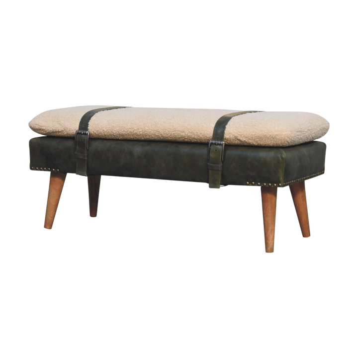 Chamonix Strap Bench in Cream Bouclé with Olive Leather, three-quarter view showing the full profile.
