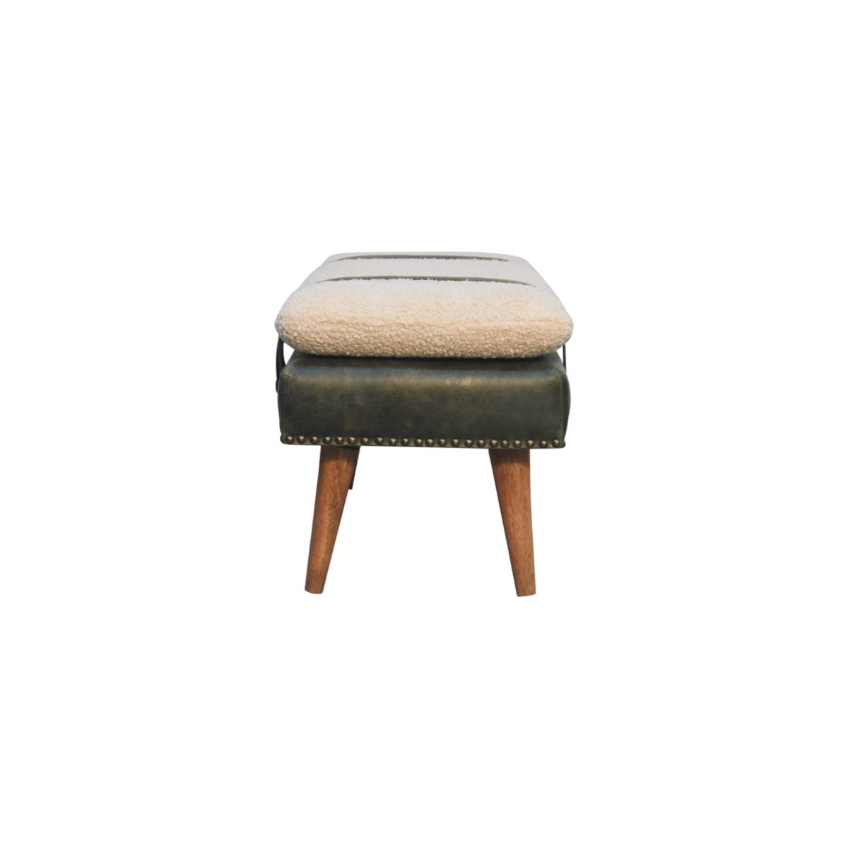 Chamonix Strap Bench in Cream Bouclé with Olive Leather, side view showing the depth.