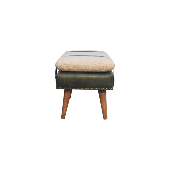 Chamonix Strap Bench in Cream Bouclé with Olive Leather, side view showing the depth.