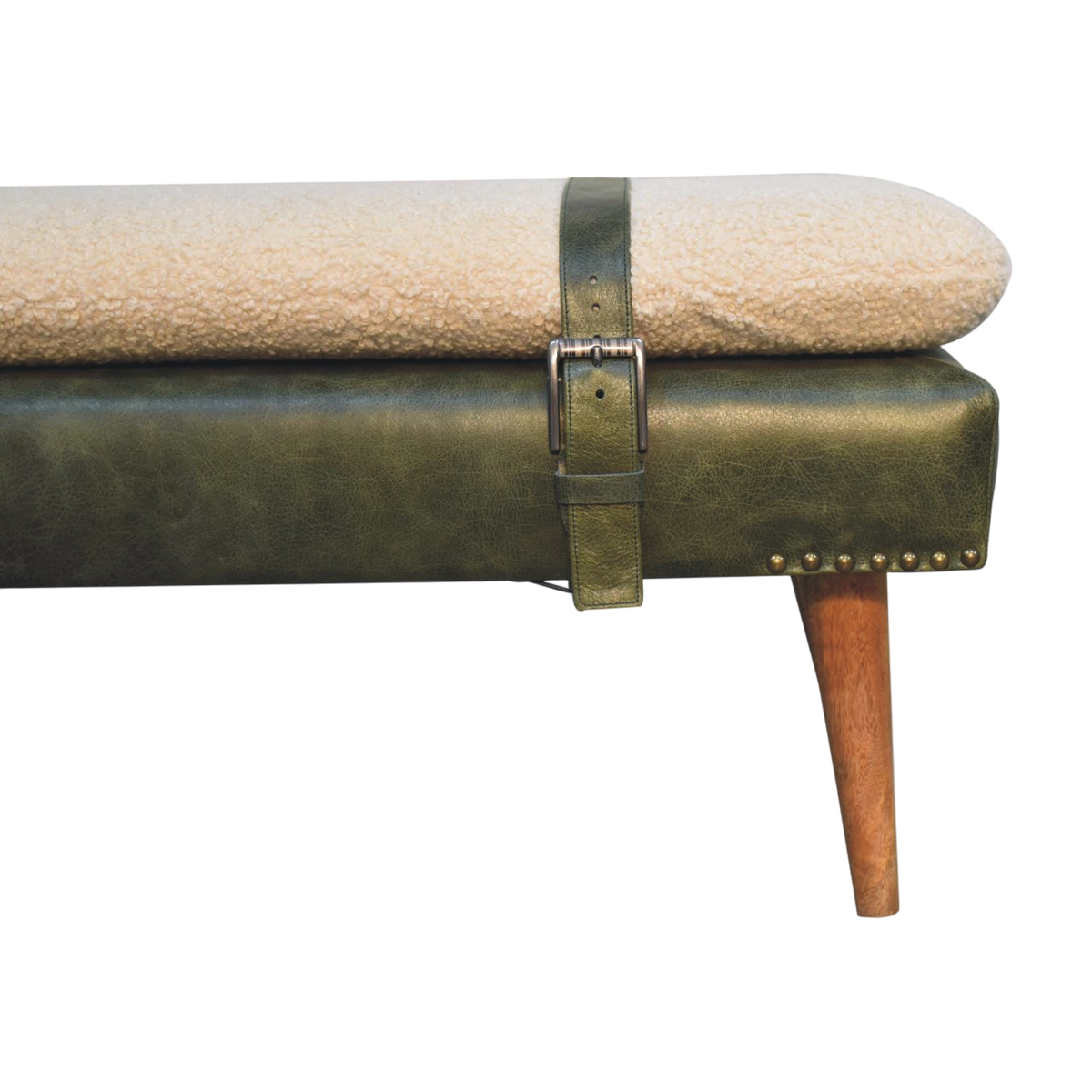 Close view of the strap and buckle on the Chamonix Strap Bench in Cream Bouclé with Olive Leather.