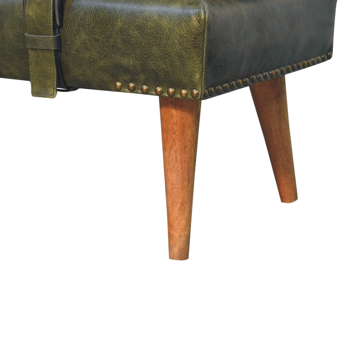 Close view of the stud trim on the Chamonix Strap Bench in Cream Bouclé with Olive Leather.