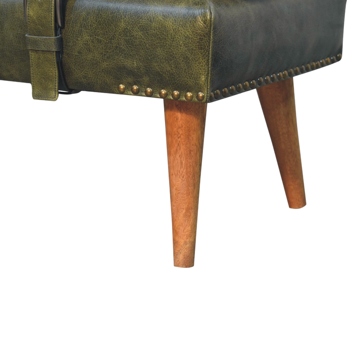 Close view of the stud trim on the Chamonix Strap Bench in Cream Bouclé with Olive Leather.