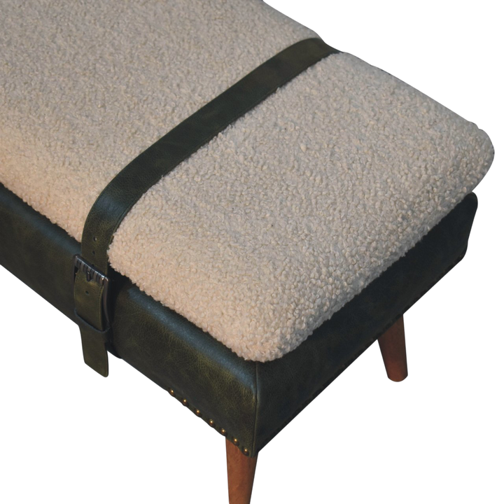 Close view of the bouclé on the Chamonix Strap Bench in Cream Bouclé with Olive Leather.