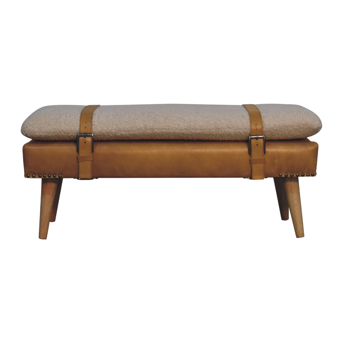Chamonix Strap Bench in Cream Bouclé with Blonde Saddle, front view. Blonde saddle leather base with nailhead trim.