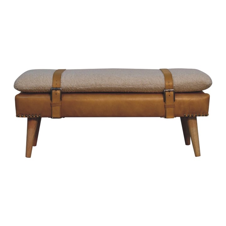 Chamonix Strap Bench in Cream Bouclé with Blonde Saddle, front view. Blonde saddle leather base with nailhead trim.