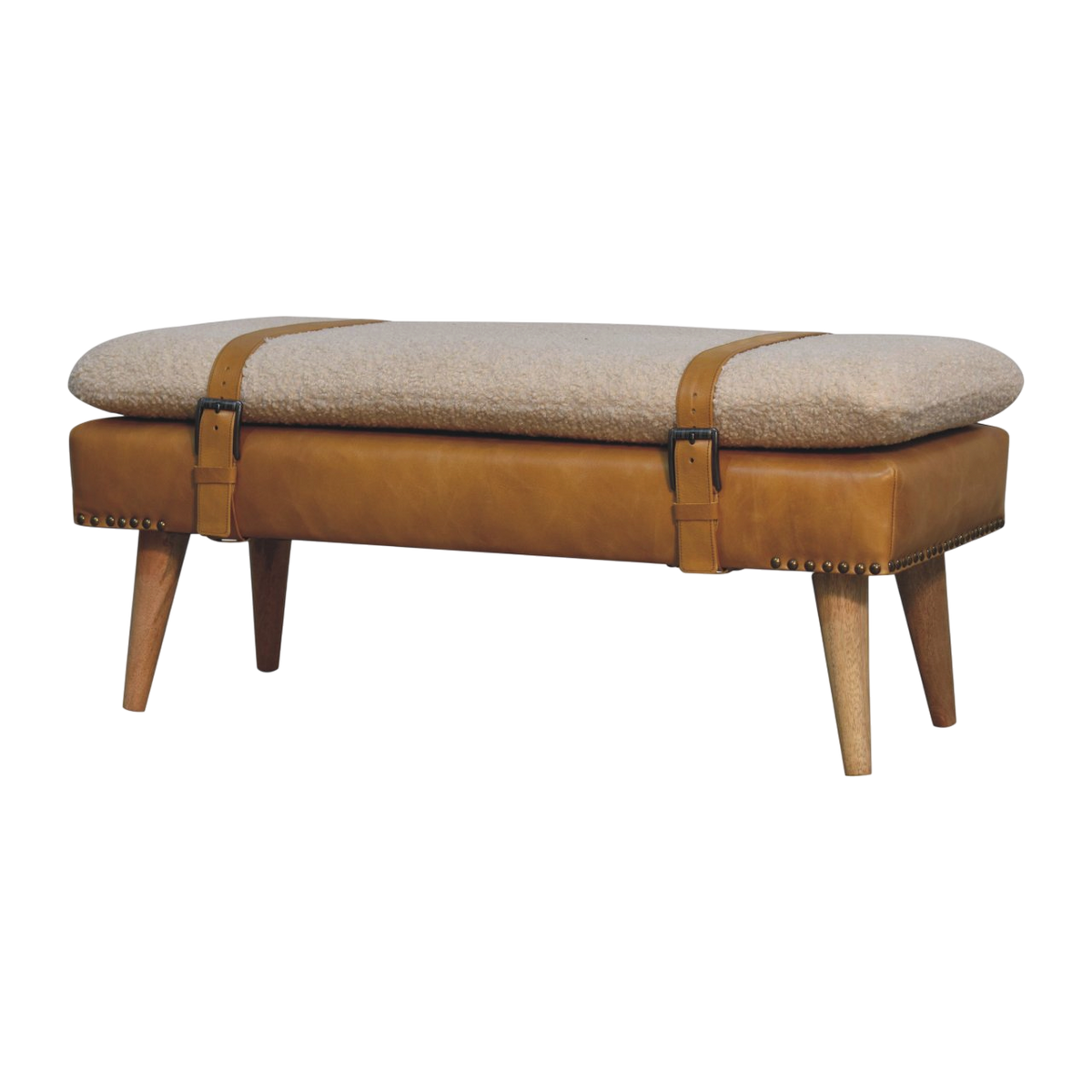 Chamonix Strap Bench in Cream Bouclé with Blonde Saddle, three-quarter view showing the full profile.