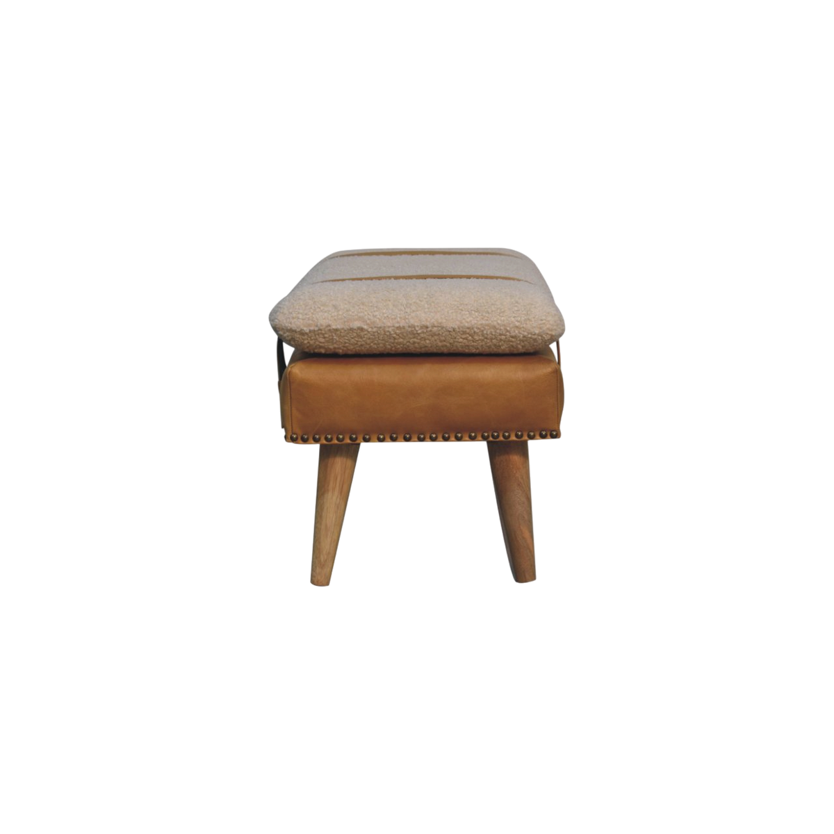 Chamonix Strap Bench in Cream Bouclé with Blonde Saddle, side view showing the depth.