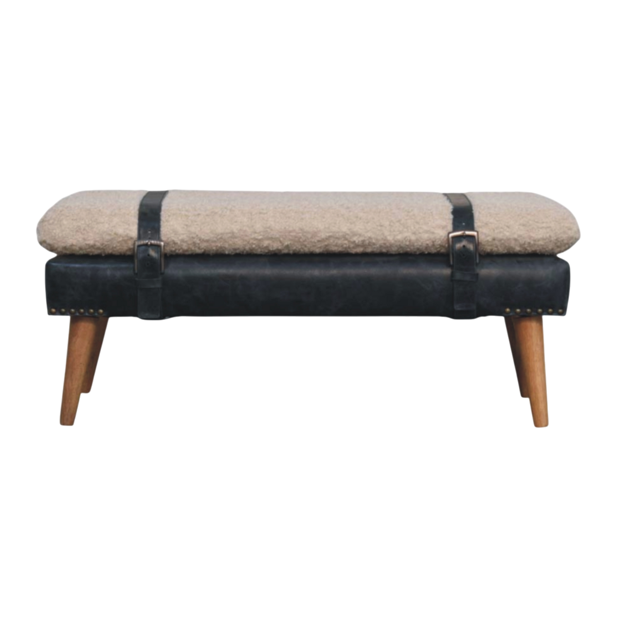 Chamonix Strap Bench in Cream Bouclé with Charcoal Leather, front view. Charcoal leather base with nailhead trim, loose handwoven bouclé cushion in cotton and natural yarn.
