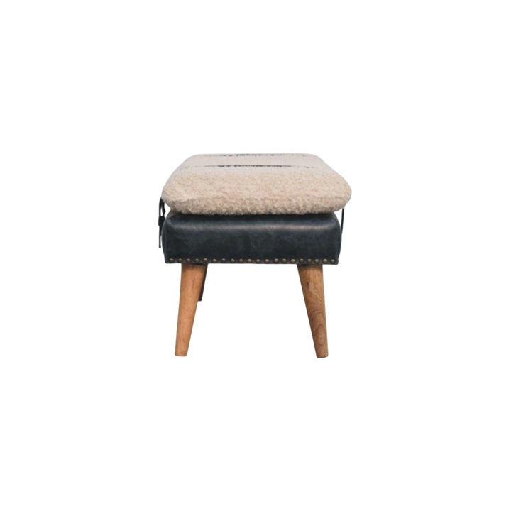 Chamonix Strap Bench in Cream Bouclé with Charcoal Leather, side view showing the depth.