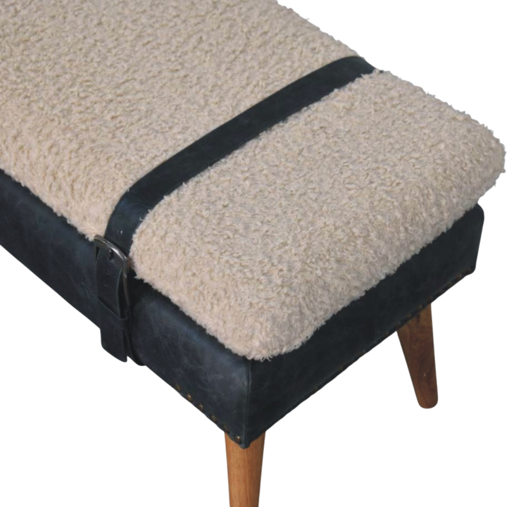 Close view of the bouclé on the Chamonix Strap Bench in Cream Bouclé with Charcoal Leather.