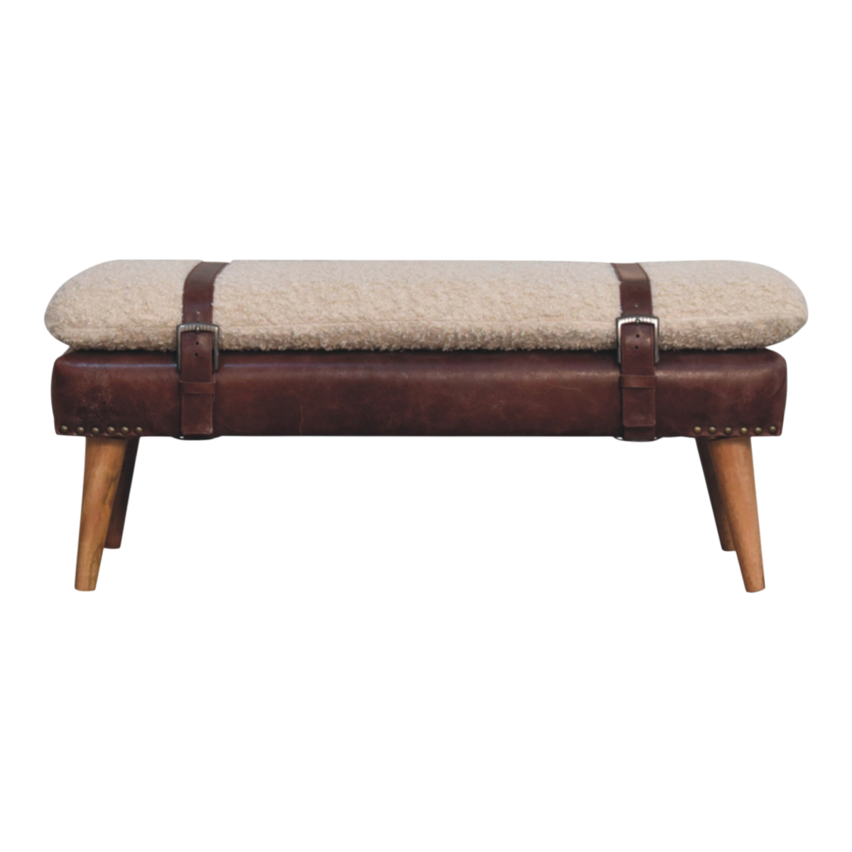 Chamonix Strap Bench in Cream Bouclé with Cognac Leather, front view. Cognac leather base with nailhead trim, loose handwoven bouclé cushion in cotton and natural yarn.