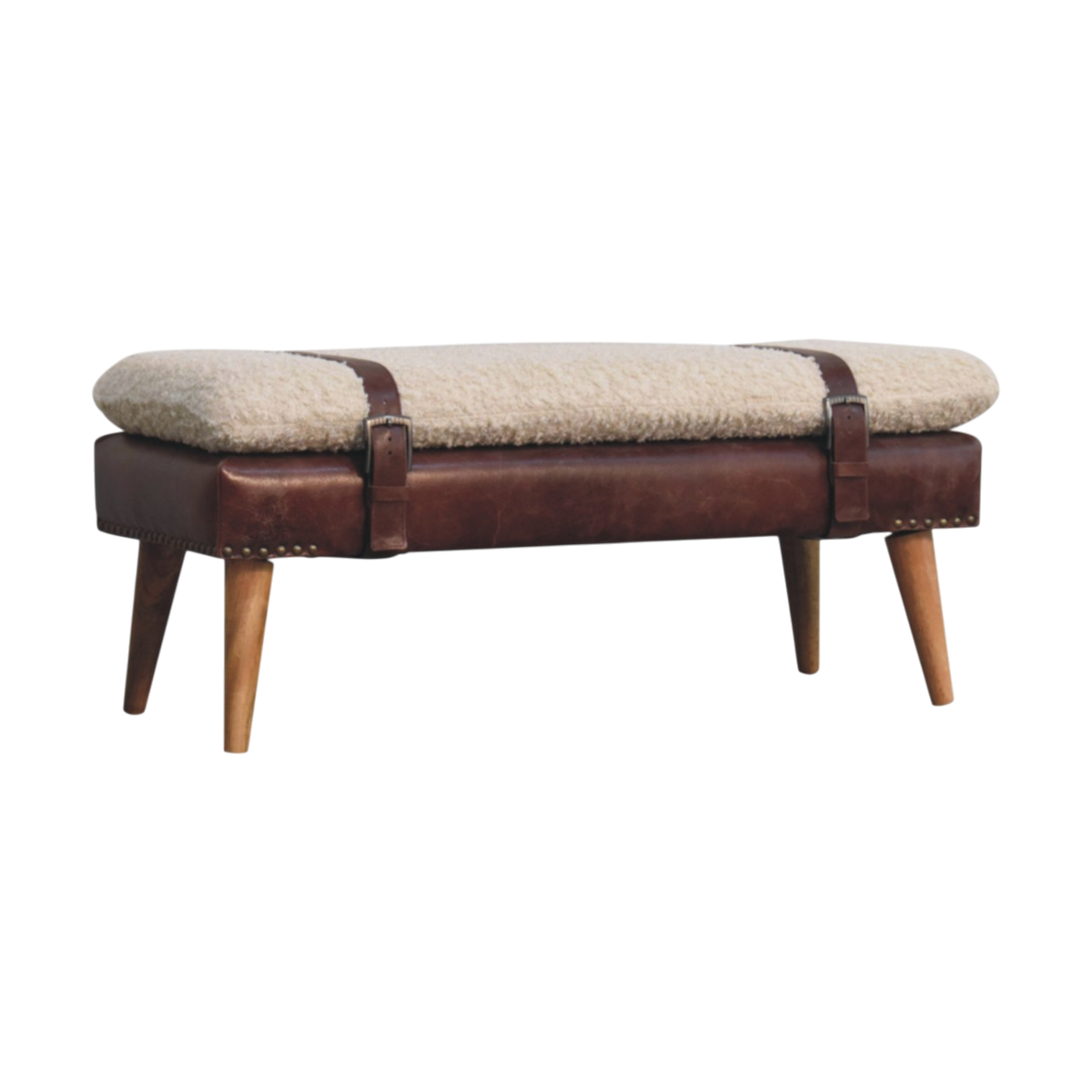 Chamonix Strap Bench in Cream Bouclé with Cognac Leather, three-quarter view showing the full profile.