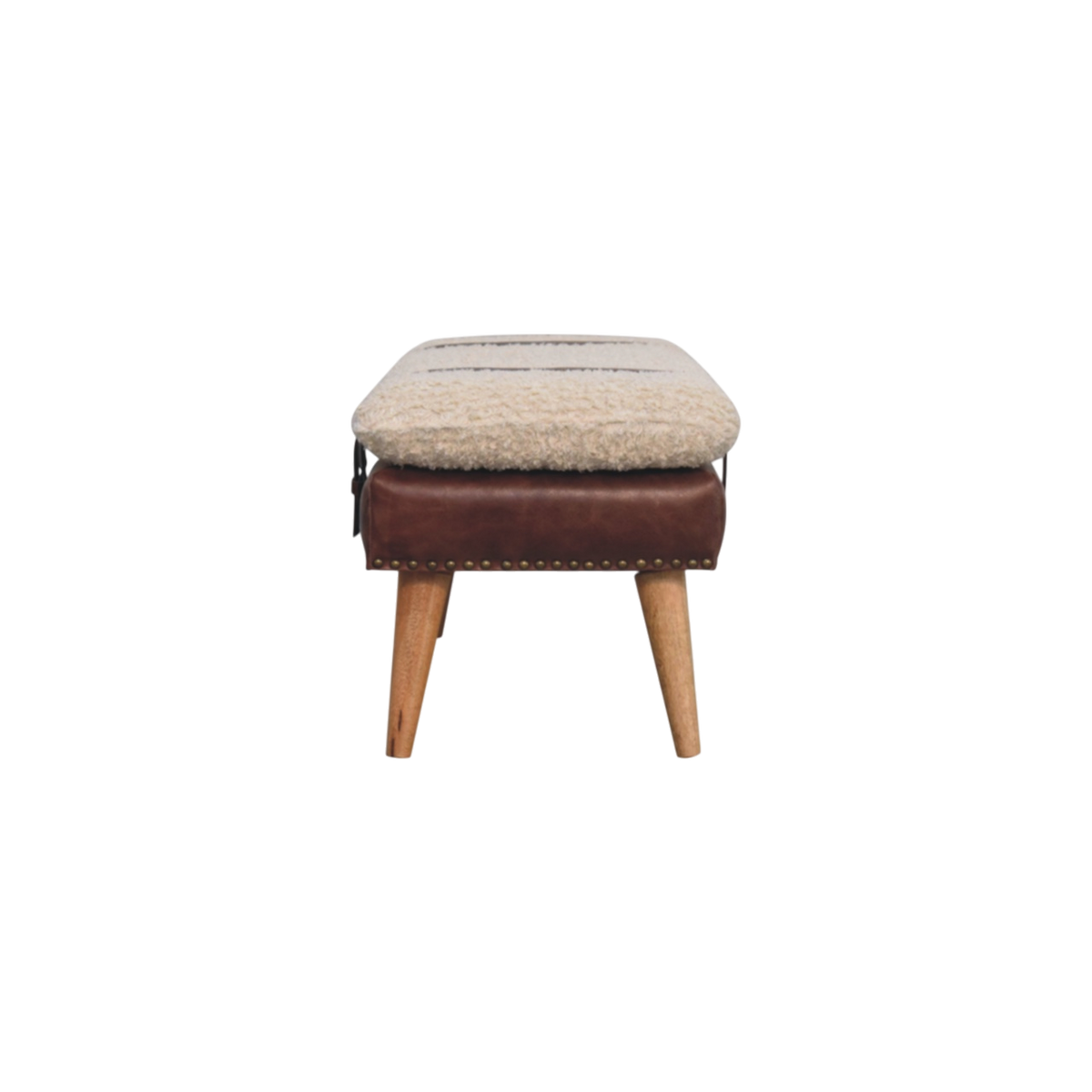 Chamonix Strap Bench in Cream Bouclé with Cognac Leather, side view showing the depth.