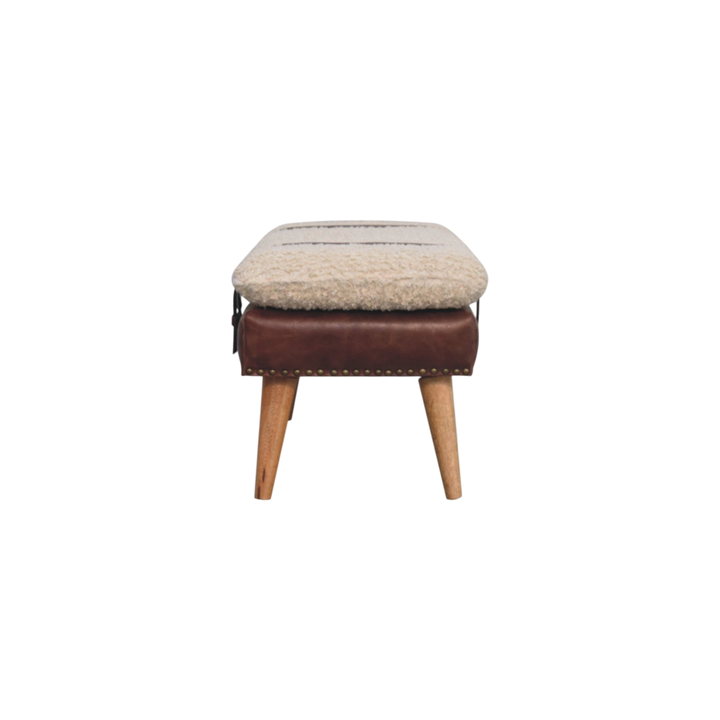 Chamonix Strap Bench in Cream Bouclé with Cognac Leather, side view showing the depth.