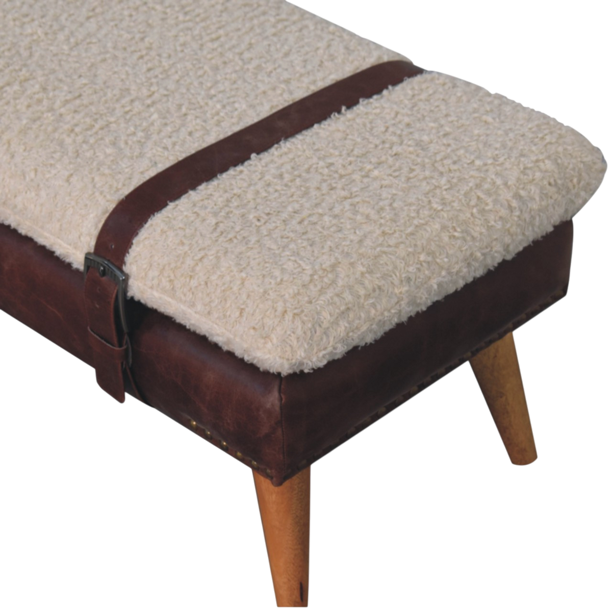 Close view of the bouclé on the Chamonix Strap Bench in Cream Bouclé with Cognac Leather.