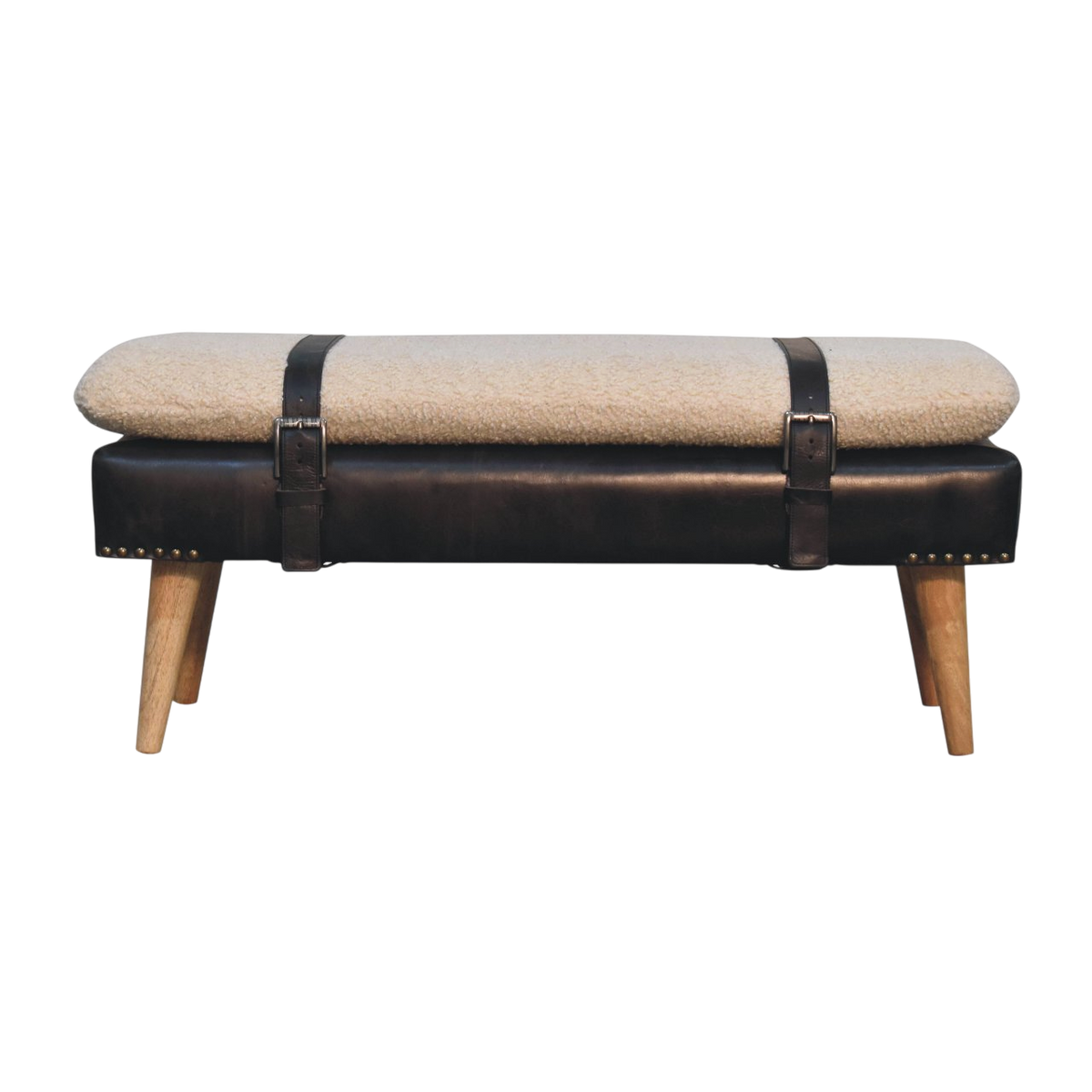 Chamonix Strap Bench in Cream Bouclé with Espresso Leather, front view. Espresso leather base with nailhead trim, loose handwoven bouclé cushion in cotton and natural yarn.