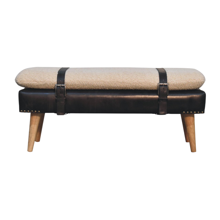 Chamonix Strap Bench in Cream Bouclé with Espresso Leather, front view. Espresso leather base with nailhead trim, loose handwoven bouclé cushion in cotton and natural yarn.