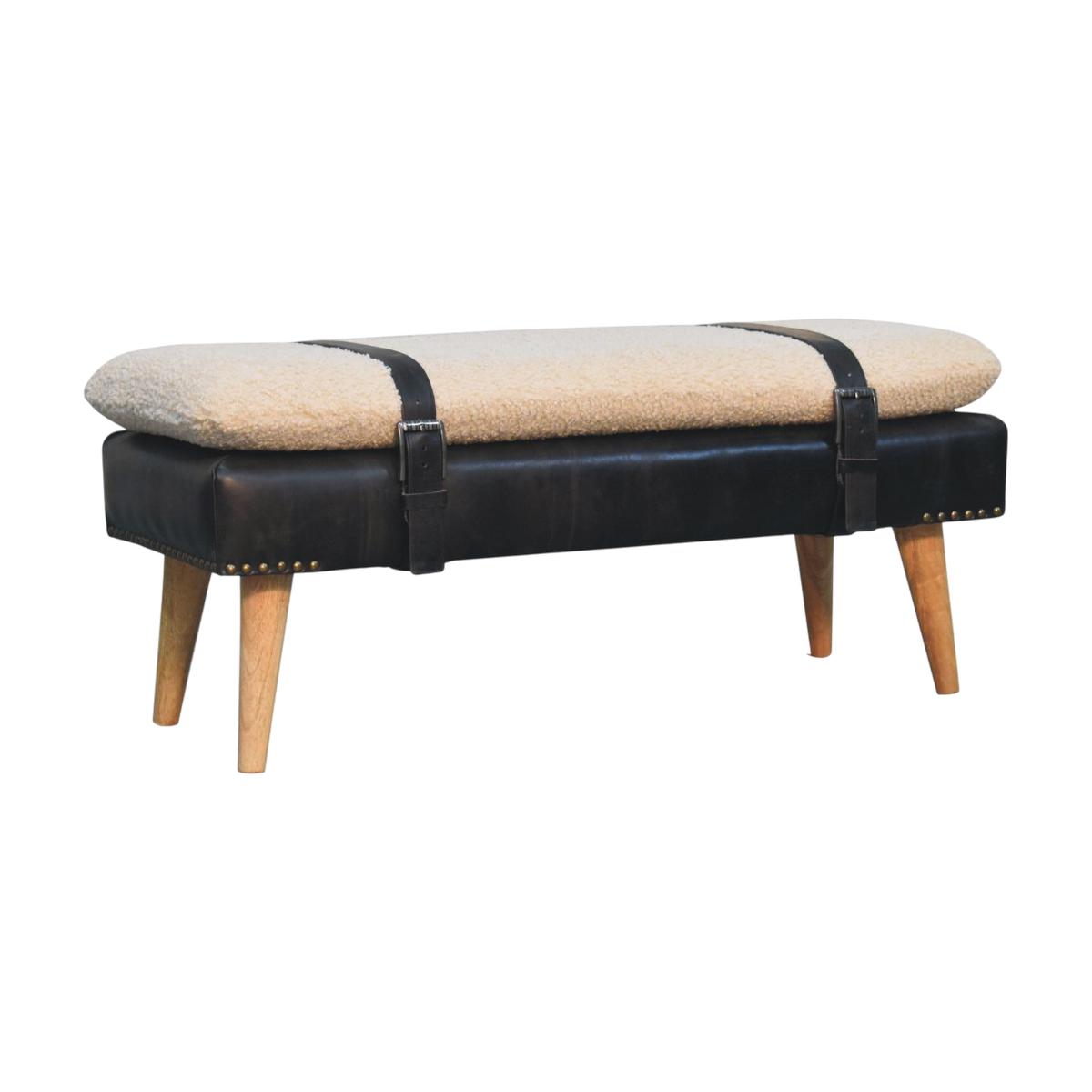 Chamonix Strap Bench in Cream Bouclé with Espresso Leather, three-quarter view showing the full profile.