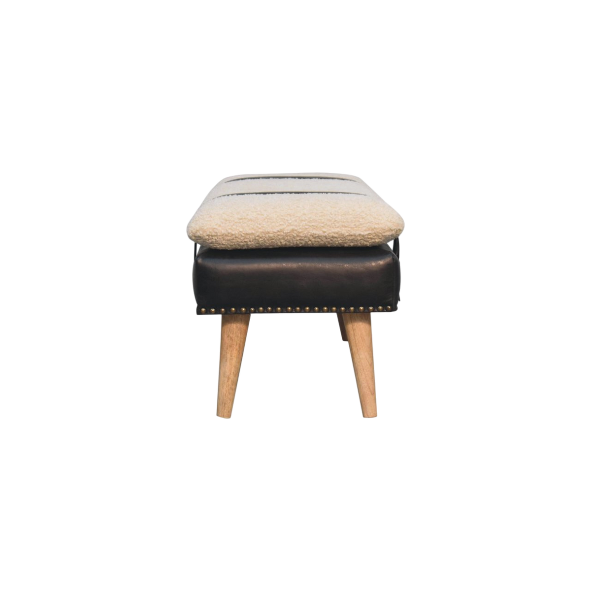 Chamonix Strap Bench in Cream Bouclé with Espresso Leather, side view showing the depth.