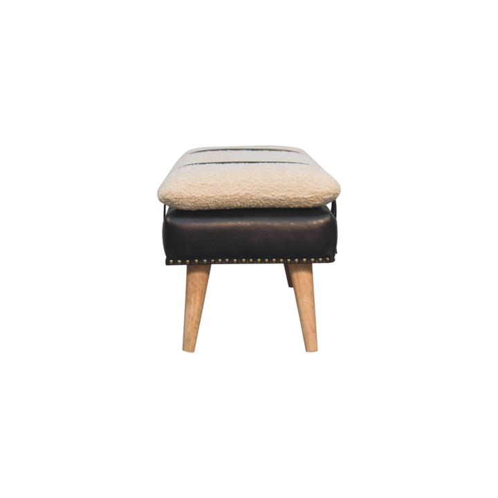 Chamonix Strap Bench in Cream Bouclé with Espresso Leather, side view showing the depth.