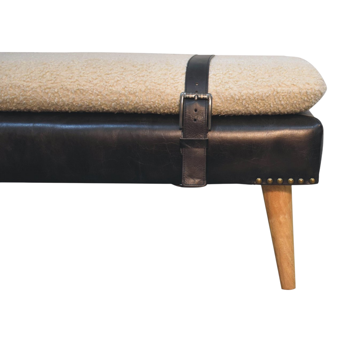 Close view of the strap and buckle on the Chamonix Strap Bench in Cream Bouclé with Espresso Leather.