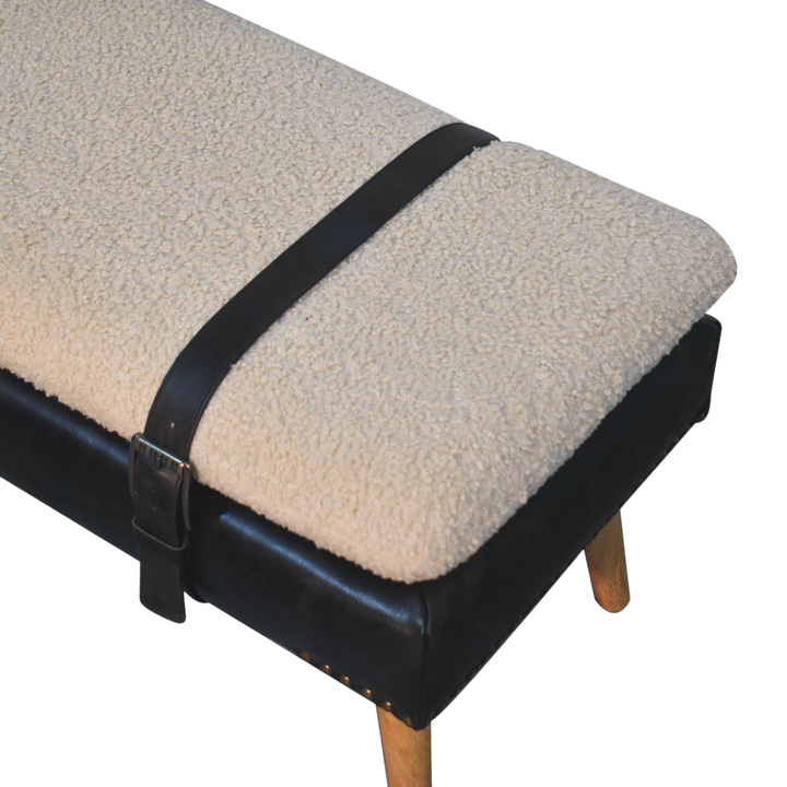 Close view of the bouclé on the Chamonix Strap Bench in Cream Bouclé with Espresso Leather.
