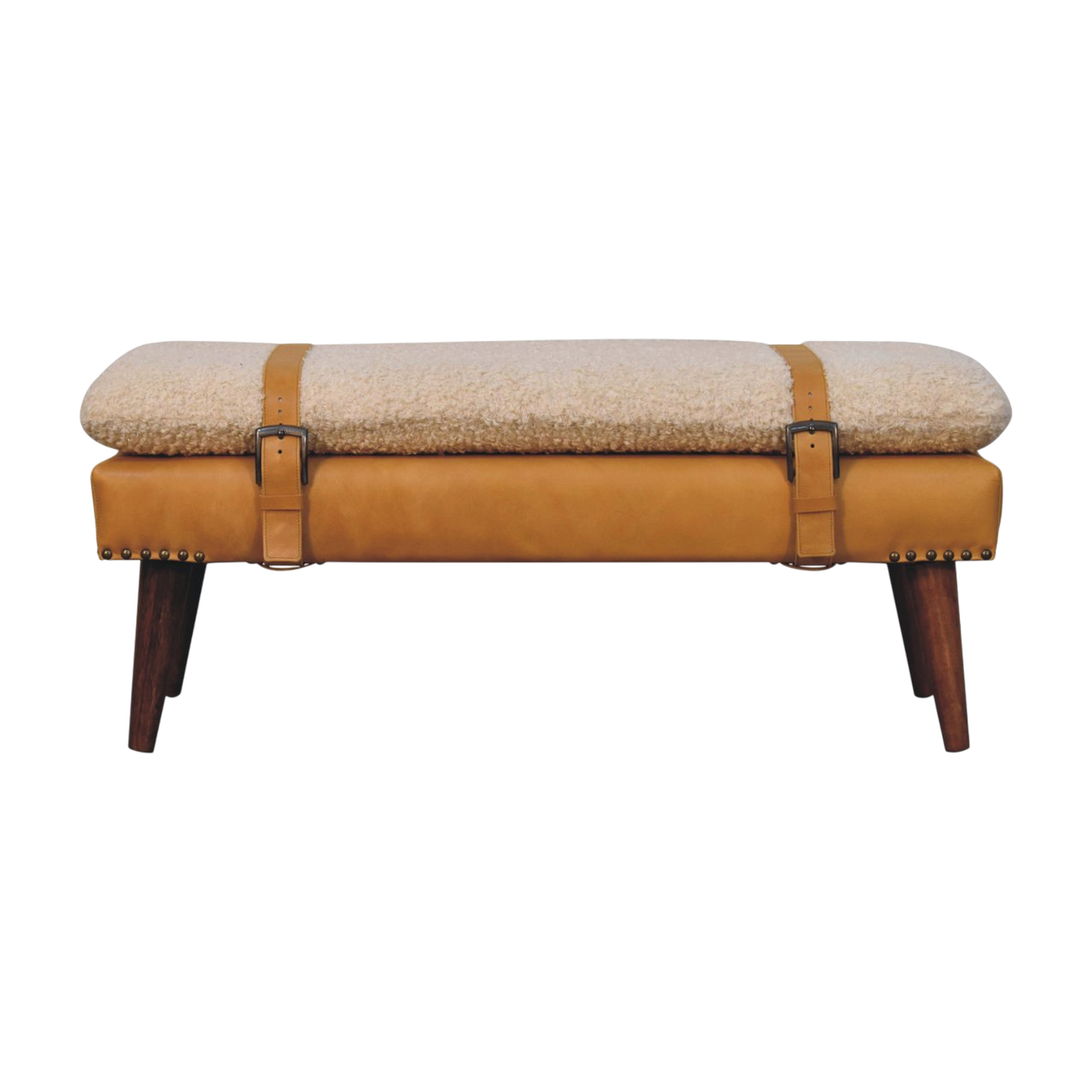 Chamonix Strap Bench in Cream Bouclé with Tobacco Leather, front view. Tobacco leather base with nailhead trim, loose handwoven bouclé cushion in cotton and natural yarn.