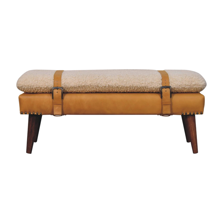 Chamonix Strap Bench in Cream Bouclé with Tobacco Leather, front view. Tobacco leather base with nailhead trim, loose handwoven bouclé cushion in cotton and natural yarn.