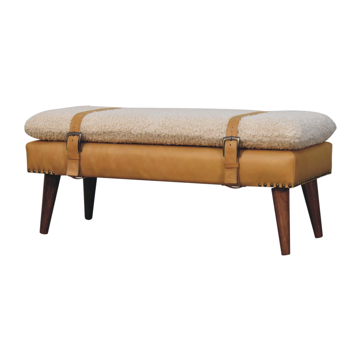 Chamonix Strap Bench in Cream Bouclé with Tobacco Leather, three-quarter view showing the full profile.