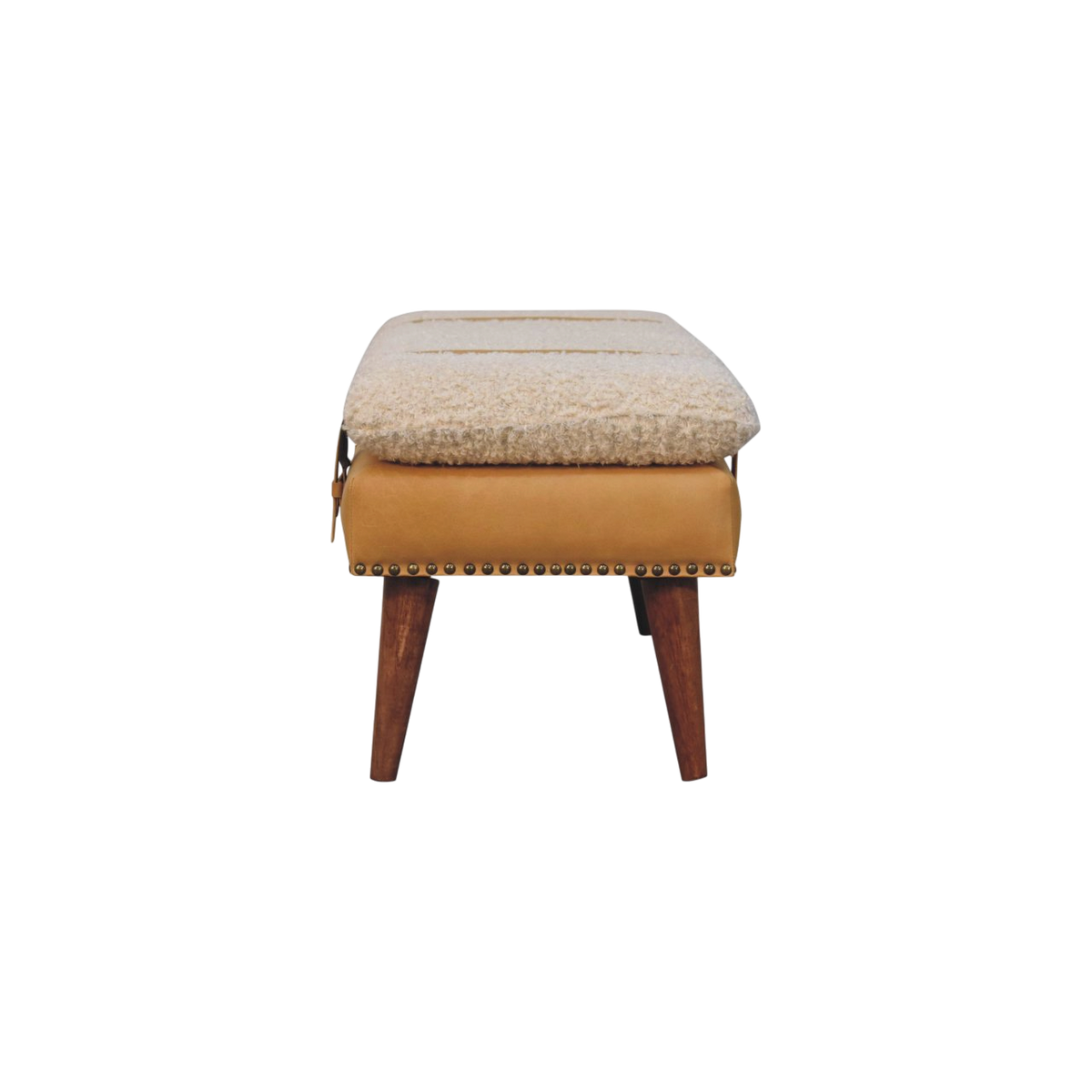 Chamonix Strap Bench in Cream Bouclé with Tobacco Leather, side view showing the depth.