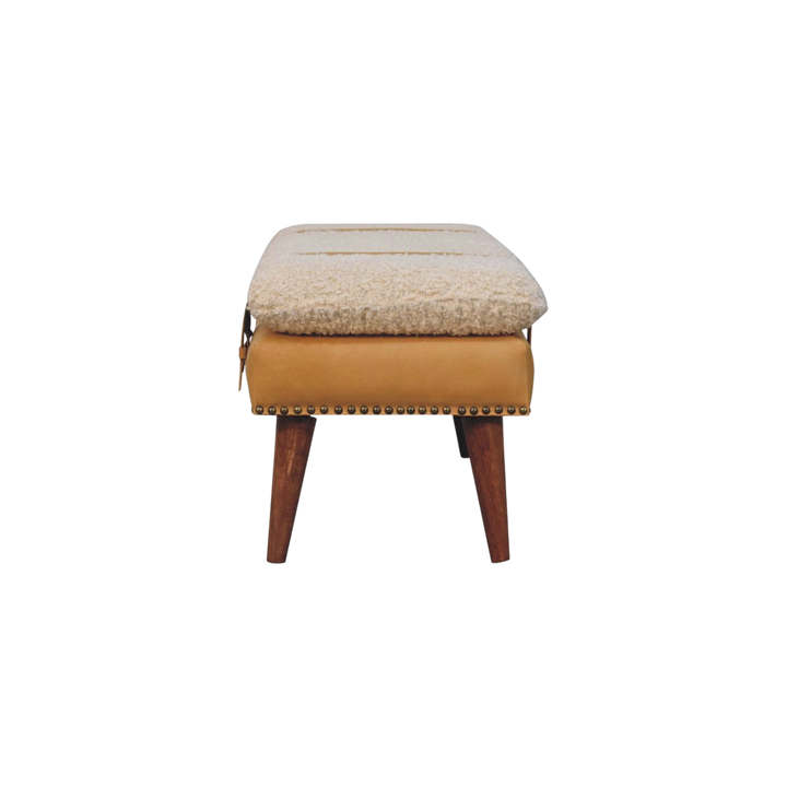 Chamonix Strap Bench in Cream Bouclé with Tobacco Leather, side view showing the depth.