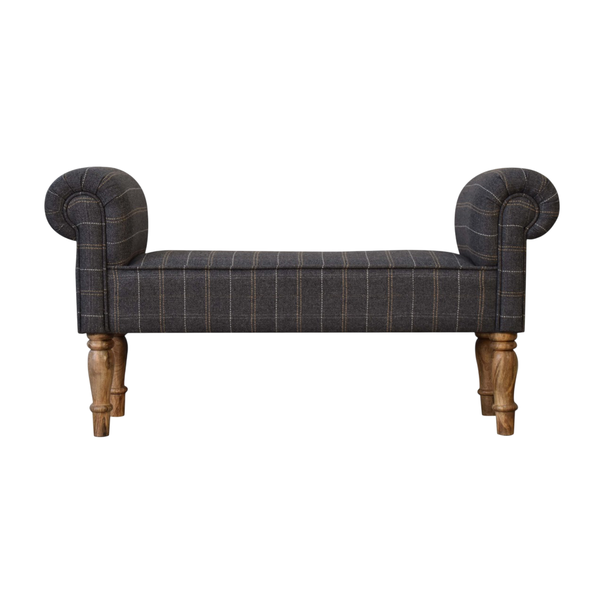 Cheltenham Bedroom Bench in Dove Tweed, front view. Dove tweed in wool over a 100% solid hardwood frame, turned legs in a pale amber finish.