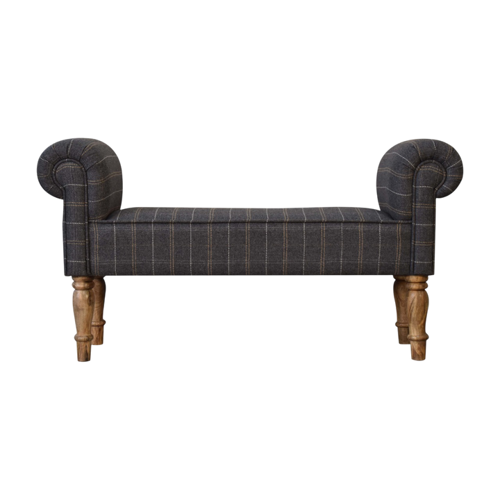 Cheltenham Bedroom Bench in Dove Tweed, front view. Dove tweed in wool over a 100% solid hardwood frame, turned legs in a pale amber finish.