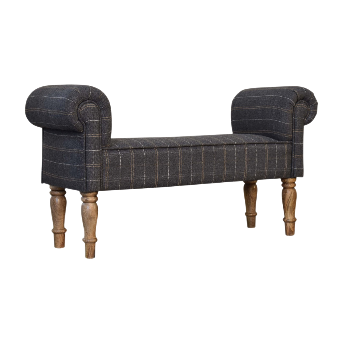 Cheltenham Bedroom Bench in Dove Tweed, three-quarter view showing the full profile.