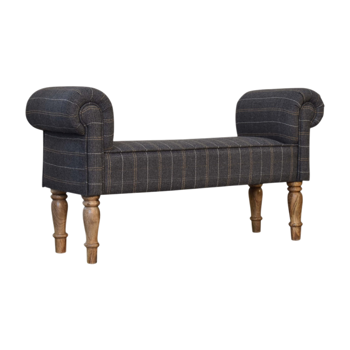 Cheltenham Bedroom Bench in Dove Tweed, three-quarter view showing the full profile.