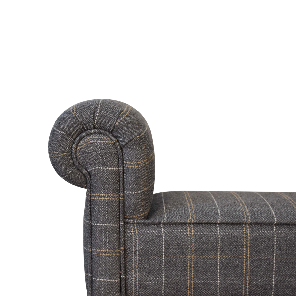 Close view of the arm on the Cheltenham Bedroom Bench in Dove Tweed.