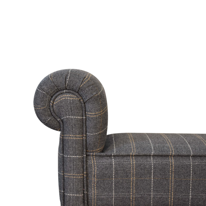 Close view of the arm on the Cheltenham Bedroom Bench in Dove Tweed.