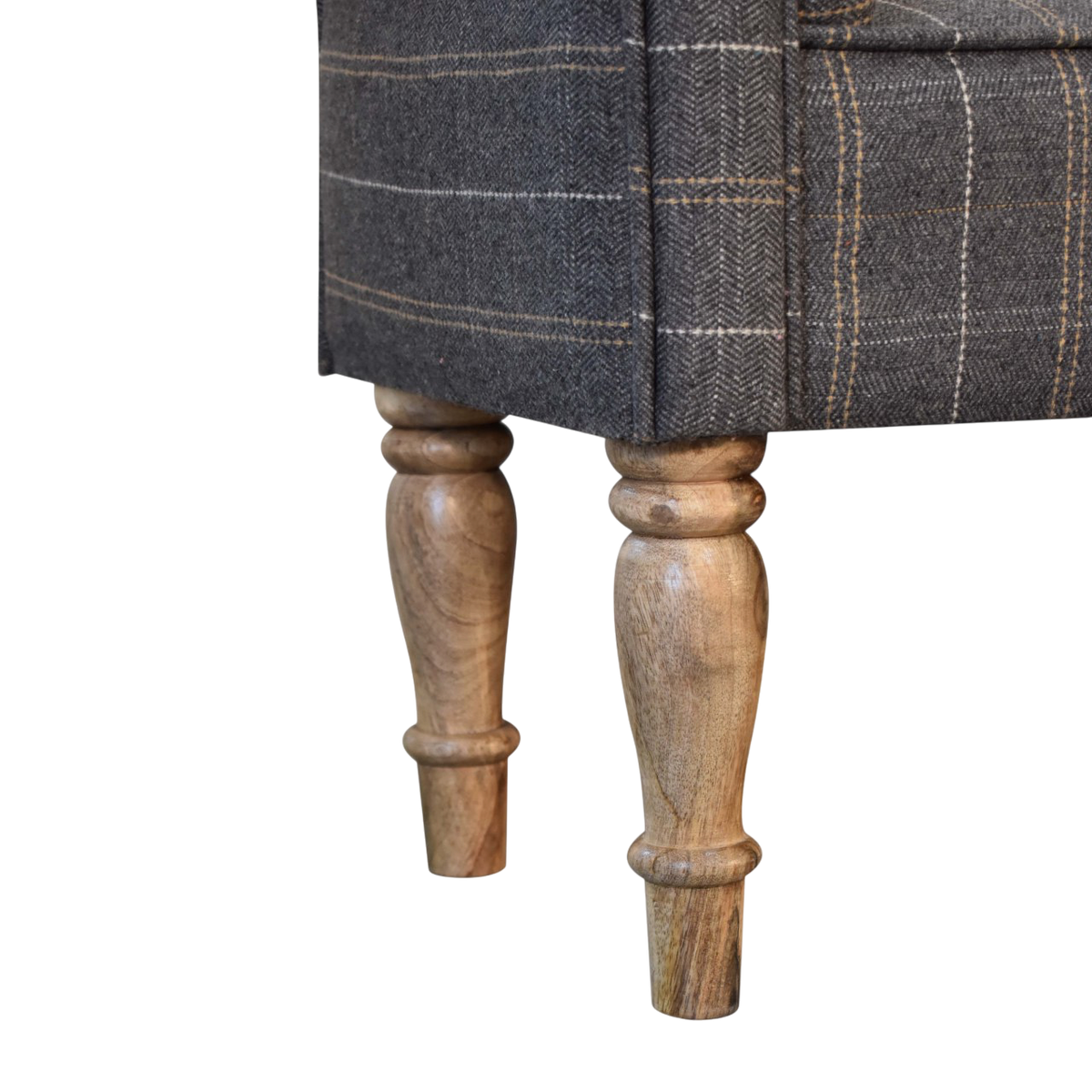 Close view of the legs on the Cheltenham Bedroom Bench in Dove Tweed.