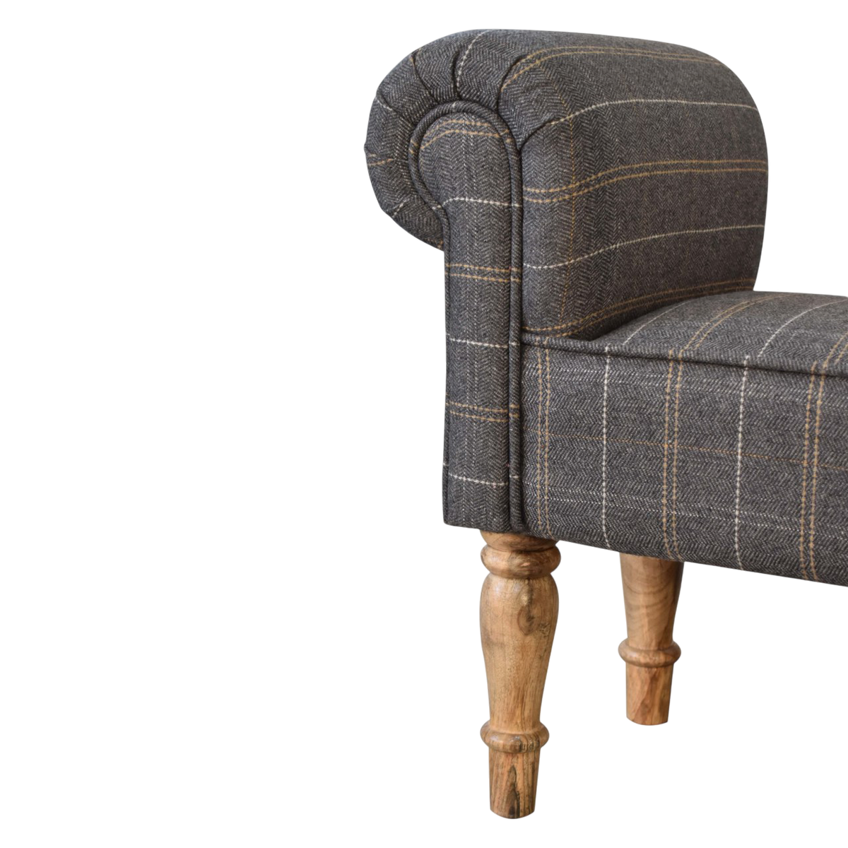 Close view of the seat on the Cheltenham Bedroom Bench in Dove Tweed.