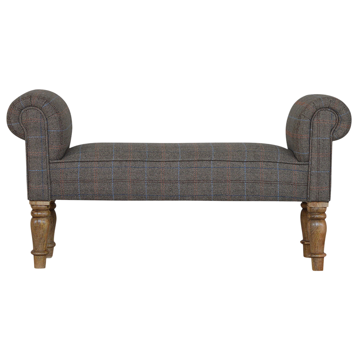 Cheltenham Bedroom Bench in Heritage Tweed, front view. Heritage tweed in mixed wool over a 100% solid hardwood frame, turned legs in a pale amber finish.